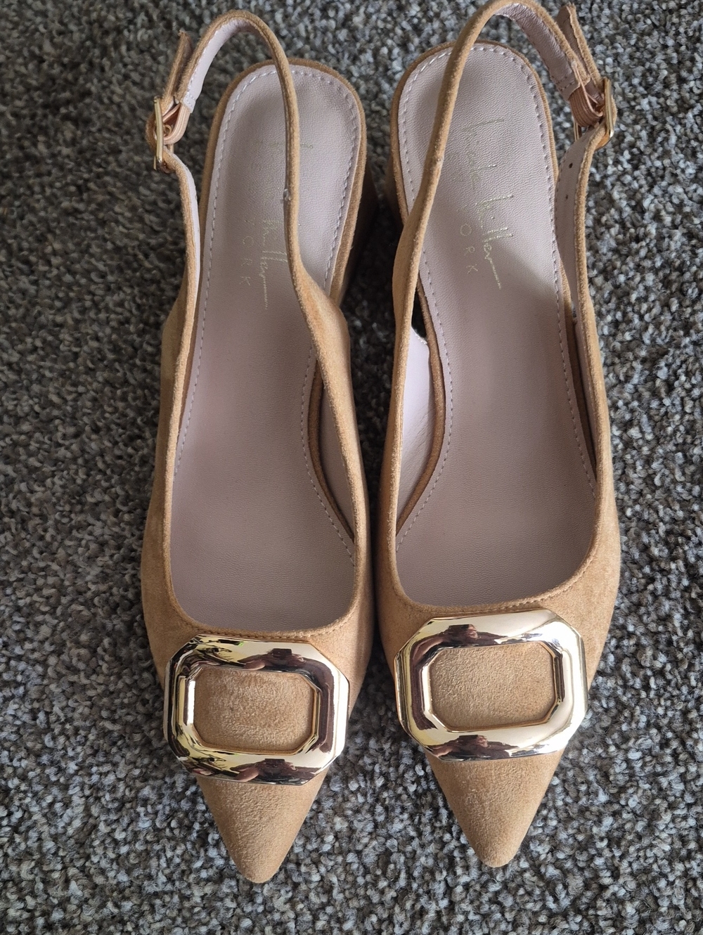 Nicole Miller Tan Suede Pointed Slingback Flats with Gold Buckle